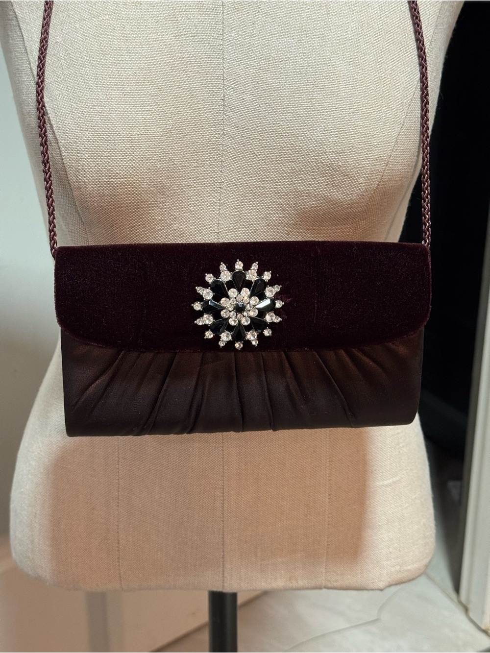 Vintage Evening Clutch Purse in Deep Burgundy with Crystal Brooch